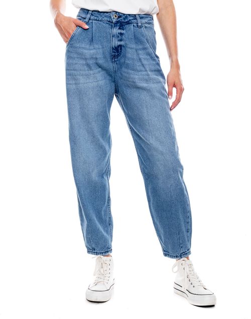 High Waist Slouchy Jeans Tono Medio Con Pinzas En Bota