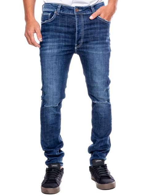 Skinny Fit Jeans Tono Medio Con Rotos En Rodilla Y Desgastes